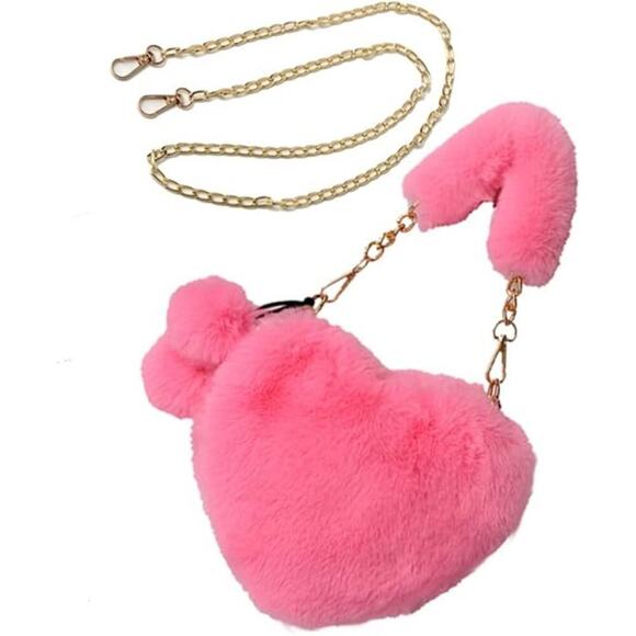 Solighter Handbags - Soft Warm Faux Fur Fuzzy Crossbody Bag Heart Shape Plush Purse Women Wallets